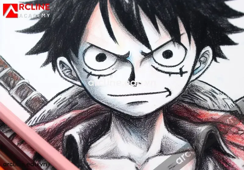Hướng dẫn chi tiết vẽ khuôn mặt Luffy với nụ cười và vết sẹo, cùng chiếc mũ rơm đặc trưng