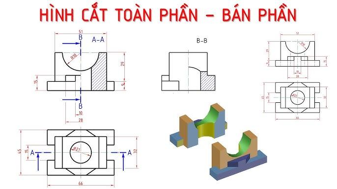 Minh họa các bước vẽ hình chiếu bằng và hình chiếu cạnh từ hình chiếu đứng một vật thể đơn giản