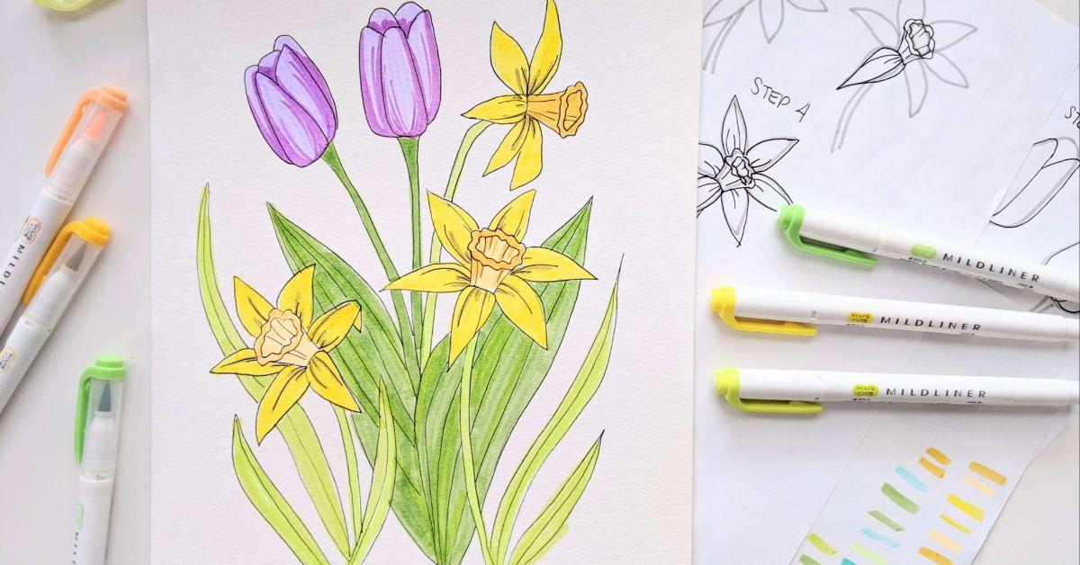 Các bước vẽ thân và lá hoàn thiện cách vẽ hoa tulip đơn giản nhất