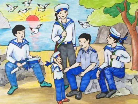 Bức tranh vẽ anh bộ đội Cụ Hồ hiên ngang cầm súng bảo vệ tổ quốc, toát lên vẻ kiên cường