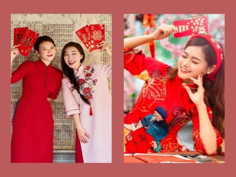 Bức tranh vẽ thiếu nữ mặc áo dài du xuân ngày Tết quê em, duyên dáng bên cành đào khoe sắc