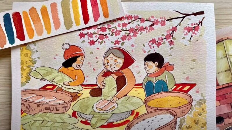 Bức tranh vẽ chợ Tết đơn giản với khung cảnh chung nhộn nhịp ngày xuân