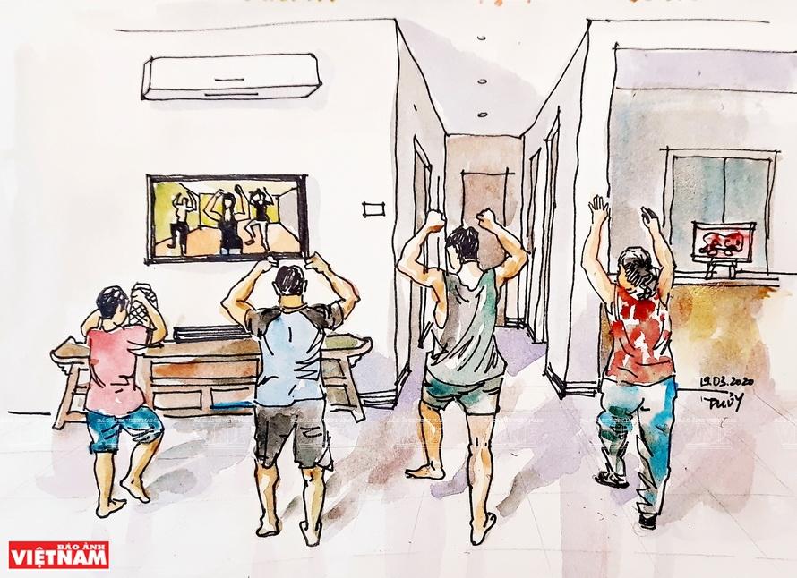 Tranh vẽ chủ đề cuộc sống đời thường với hình ảnh một góc phố nhộn nhịp và con người bình dị