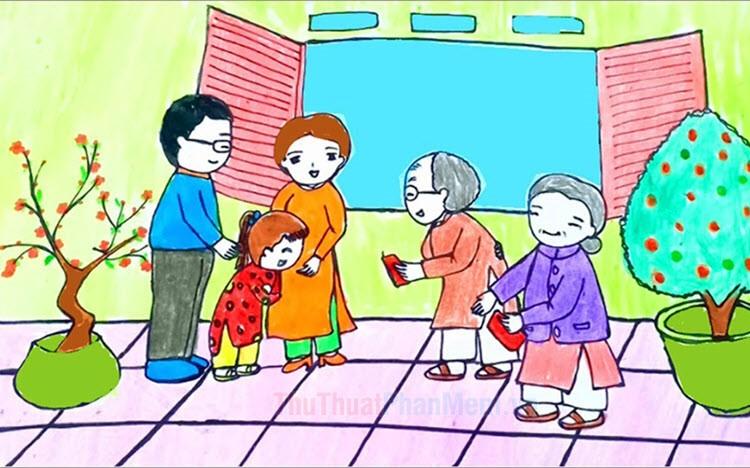 Bức tranh gia đình đơn giản ấm cúng với các thành viên sum vầy bên nhau trong không gian quen thuộc