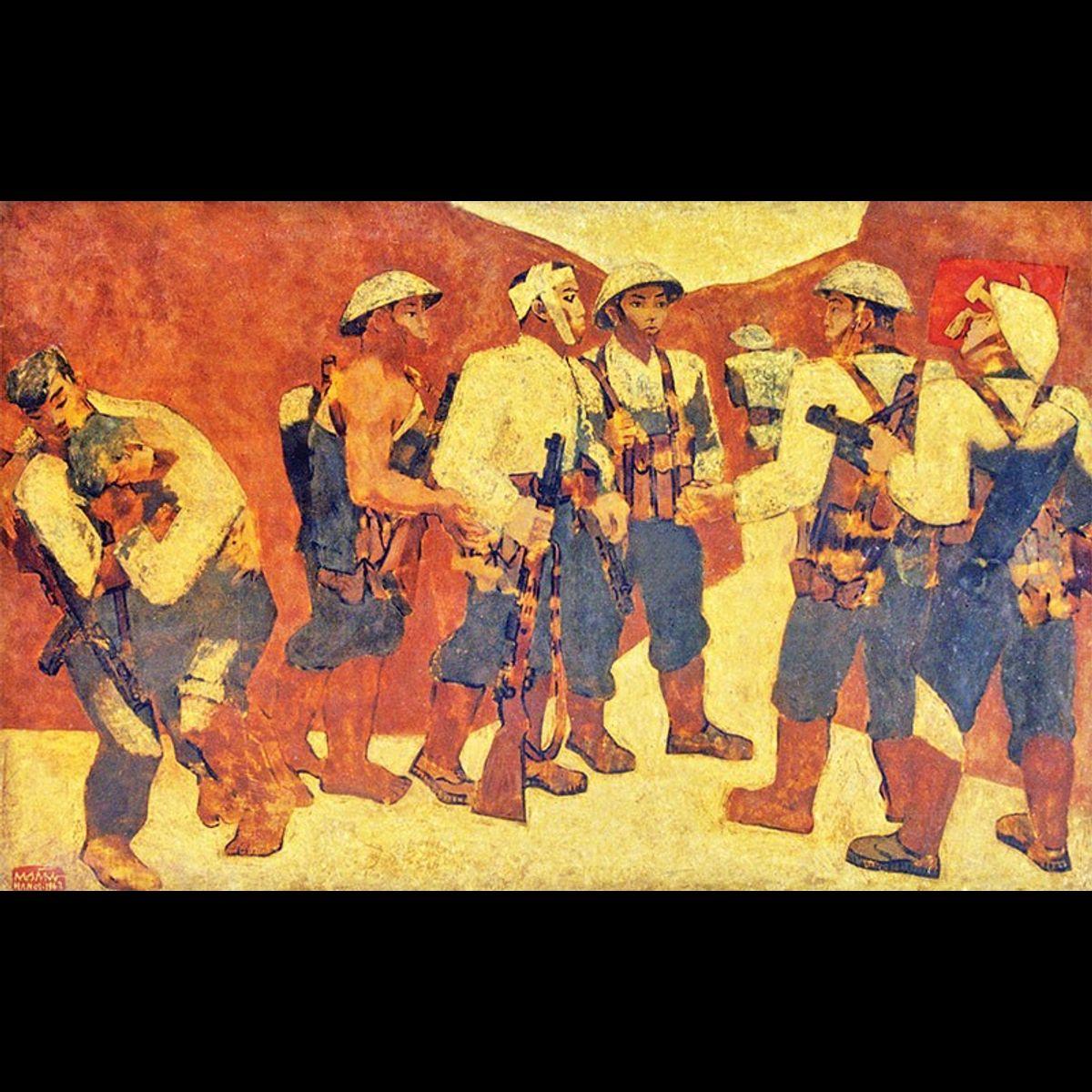 Bức tranh nghệ thuật độc đáo kết hợp hình ảnh truyền thống Việt Nam với yếu tố hiện đại, có hình ảnh thanh niên