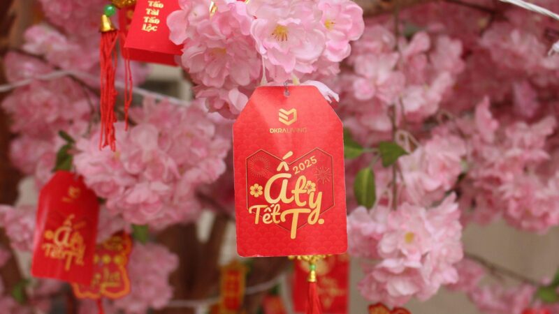 Bức tranh vẽ lễ hội Tết ngập tràn không khí xuân rộn ràng, mai đào khoe sắc