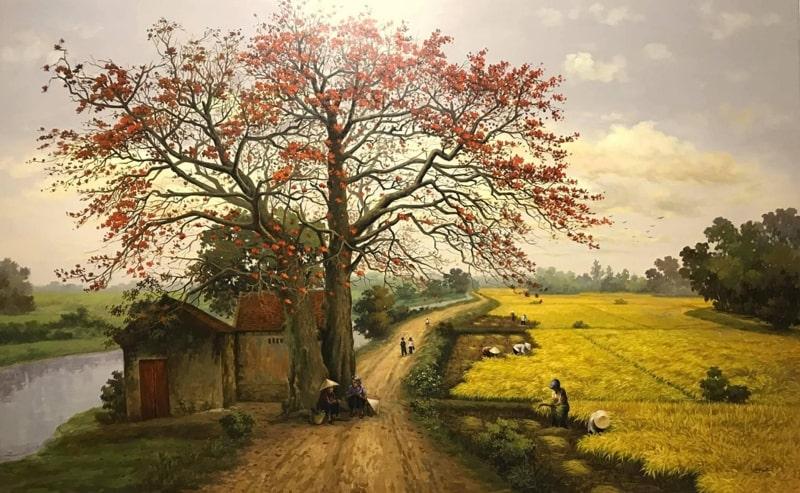 Bức tranh phong cảnh màu chì tuyệt đẹp mô tả cảnh đồng quê yên bình với cây cối và dòng sông thơ mộng