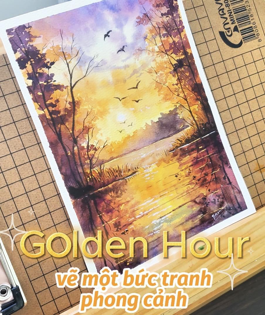 Bức tranh phong cảnh hoàng hôn trên sông vẽ bằng màu sáp với kỹ thuật phối màu ấn tượng và ánh sáng đẹp