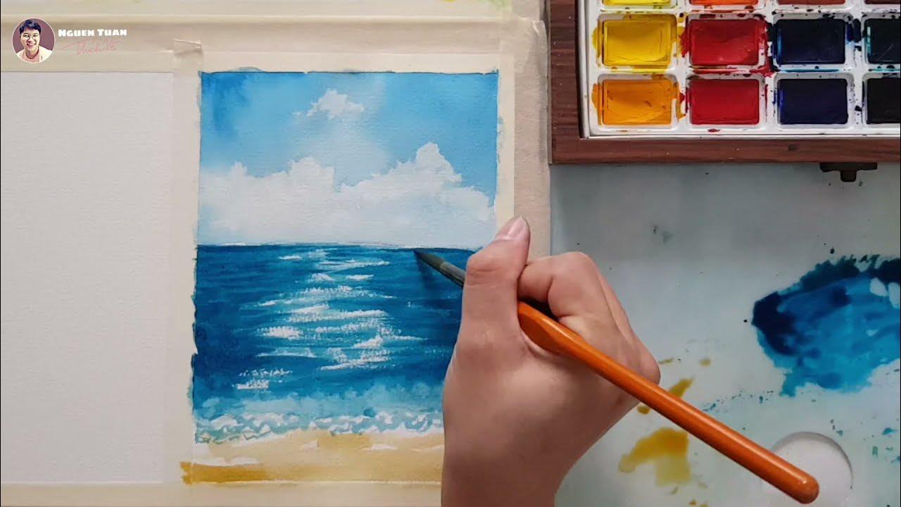 Vẽ tranh phong cảnh thiên nhiên bằng màu nước chủ đề hoàng hôn trên biển