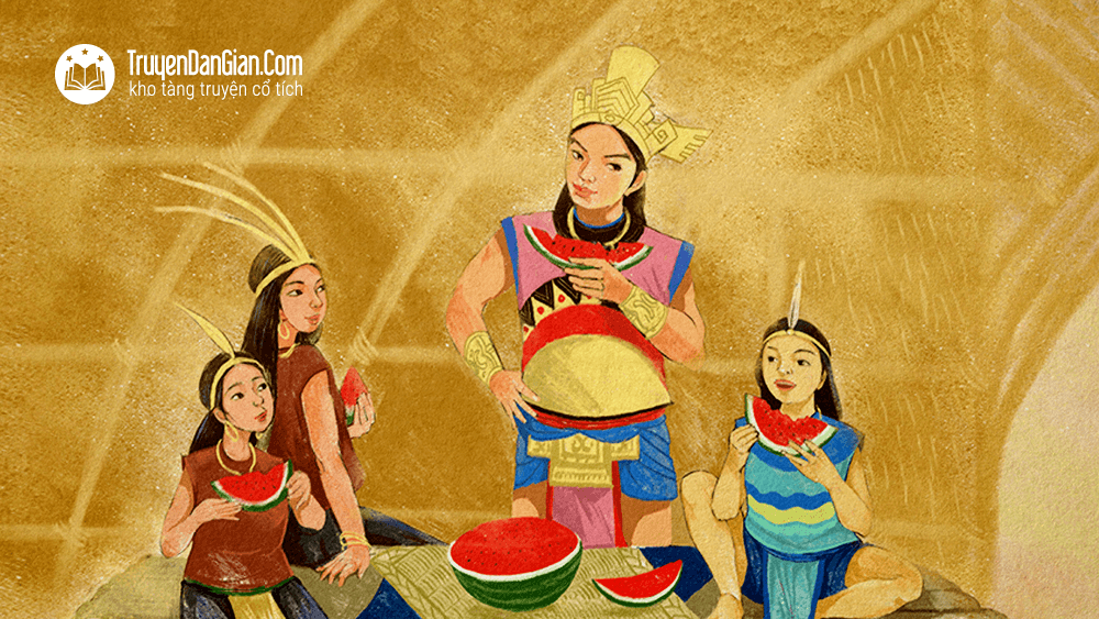 Minh họa cảnh Mai An Tiêm và gia đình trên hoang đảo bên những quả dưa hấu đầu tiên, thể hiện niềm hy vọng