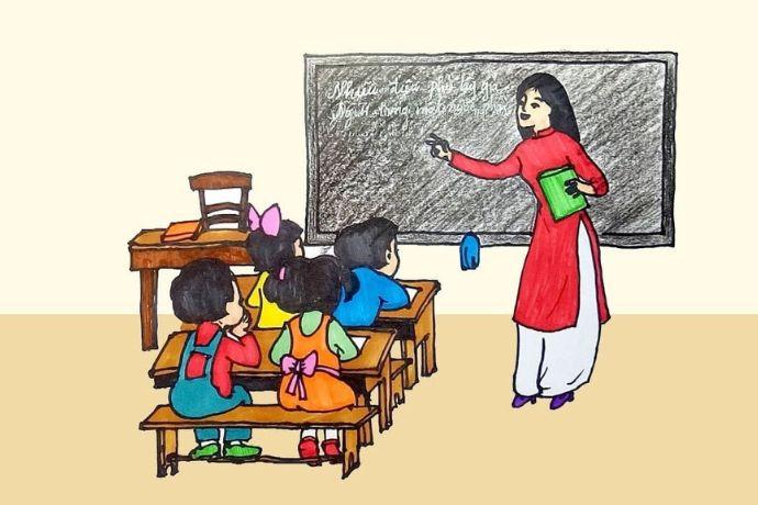 Tranh vẽ tặng cô giáo ngày 20 tháng 10 với hình ảnh người lái đò thầm lặng và học sinh đầy ý nghĩa