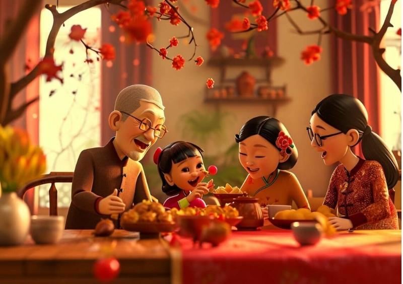 Bức tranh ngày Tết cute vẽ bánh chưng xanh và dưa hấu đỏ ngộ nghĩnh cho không khí xuân