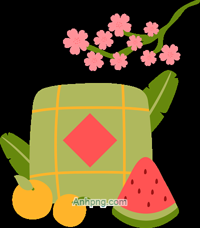 Tranh vẽ ngày tết lớp 3 đơn giản với hình ảnh bánh chưng xanh, dưa hấu đỏ và câu đối ngày Tết