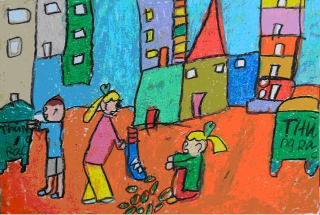 Tranh vẽ thiếu nhi làm việc tốt giúp đỡ người lớn tuổi qua đường