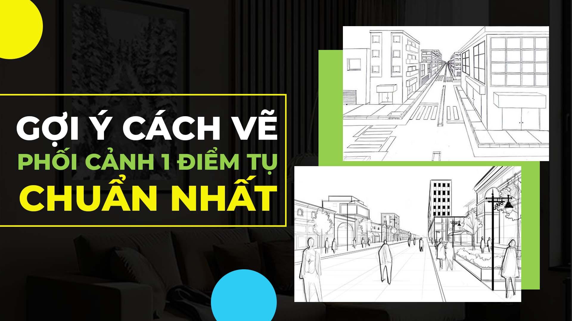 Minh họa đường chân trời và một điểm tụ cơ bản cho người mới học cách vẽ thành phố đơn giản