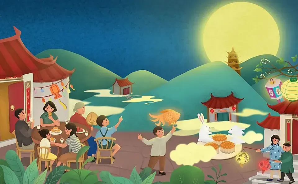 Ý tưởng tranh vẽ tết trung thu theo phong cách tối giản với hình ảnh chiếc đèn lồng và vầng trăng cách điệu