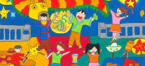 Bức tranh vẽ cảnh trẻ em rước đèn lồng đêm trung thu đầy màu sắc và vui tươi