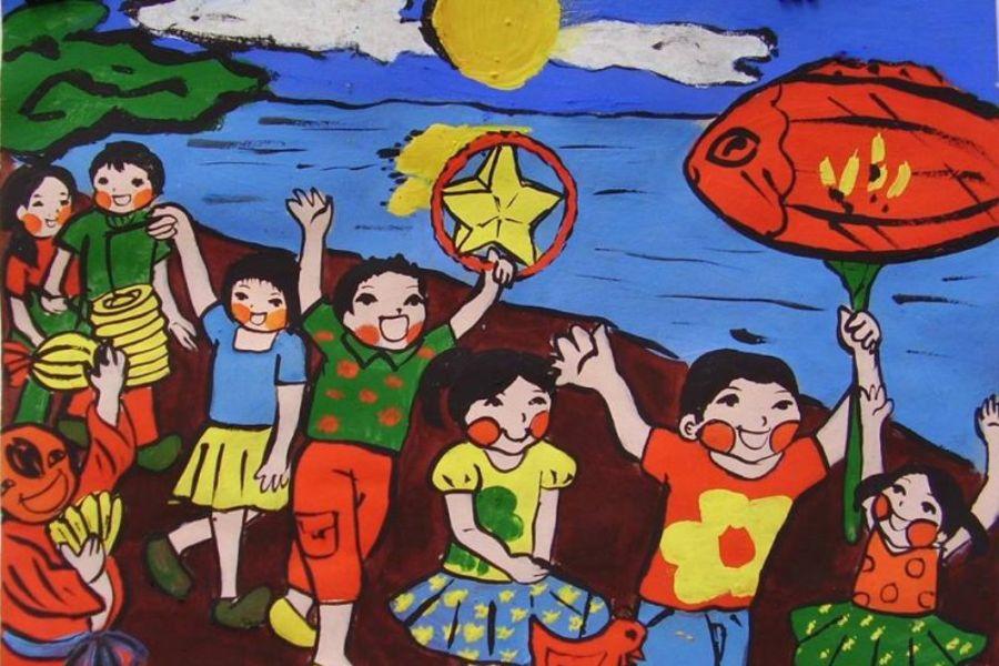 Gợi ý vẽ tranh lễ hội trung thu đơn giản cảnh múa lân sôi động nhiều màu sắc