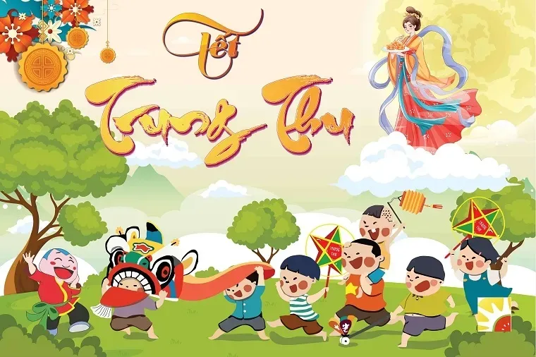 Ý tưởng vẽ tranh trung thu đơn giản với mâm cỗ đầy ắp hoa quả và hình ảnh thỏ ngọc đáng yêu bên cạnh