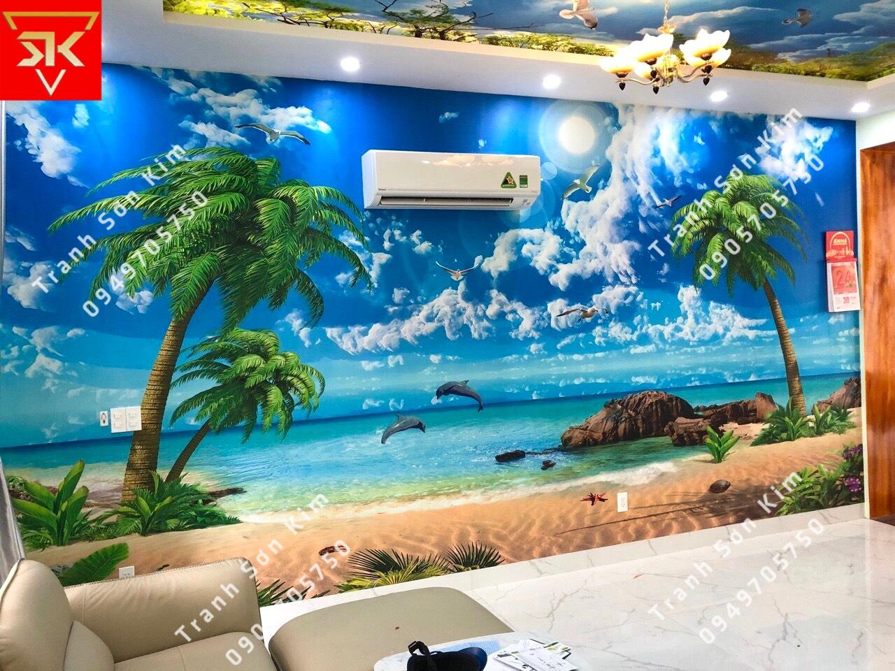 Ý tưởng vẽ tranh tường phòng ngủ chủ đề biển xanh cát trắng nắng vàng lãng mạn