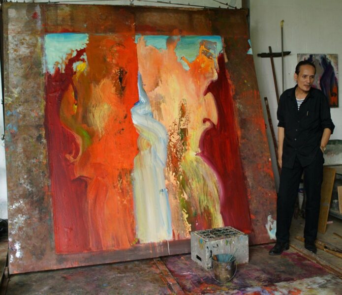 Bức tranh trừu tượng với màu sắc sống động thể hiện ý tưởng vẽ sáng tạo tại không gian nghệ thuật Bình Dương