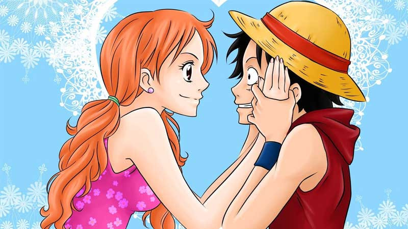 Ảnh 4K Luffy và Nami trong một tình huống hài hước.