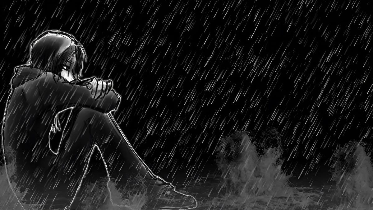 Ảnh anime chàng trai đơn độc ngồi trong khung cảnh vắng vẻ