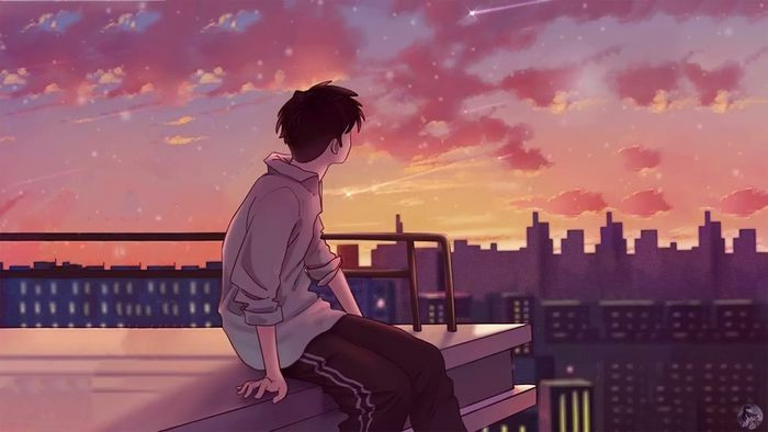Ảnh anime chàng trai dưới ánh hoàng hôn buồn bã