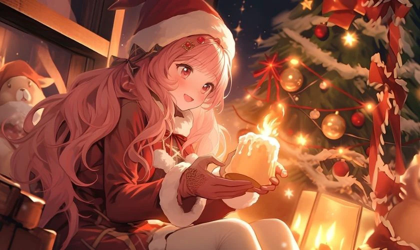 Ảnh anime chibi nữ ấm áp bên ngọn đèn Giáng sinh