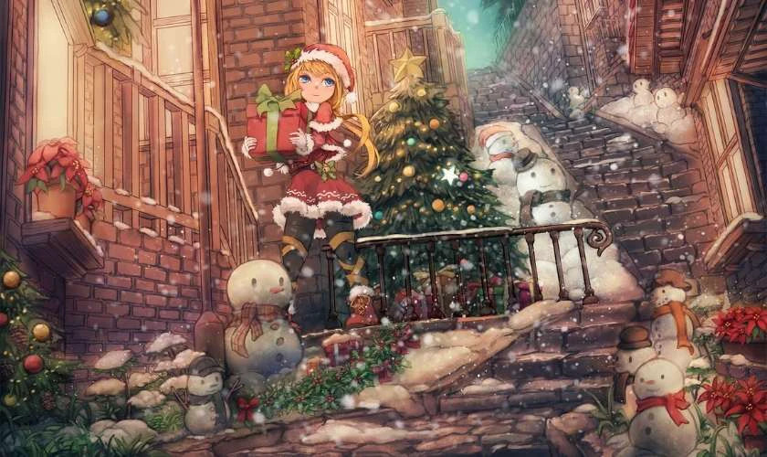 Ảnh anime chibi nữ bên cây thông Giáng sinh
