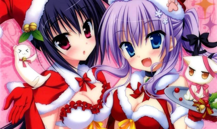 Ảnh anime chibi nữ chụp ảnh kỷ niệm mùa Giáng sinh