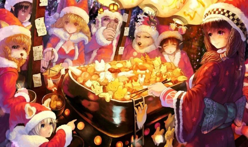 Ảnh anime chibi nữ dưới ánh sáng Giáng sinh ấm áp