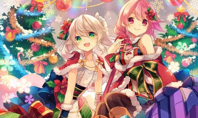 Ảnh anime chibi nữ nô đùa trong tuyết trắng Giáng sinh