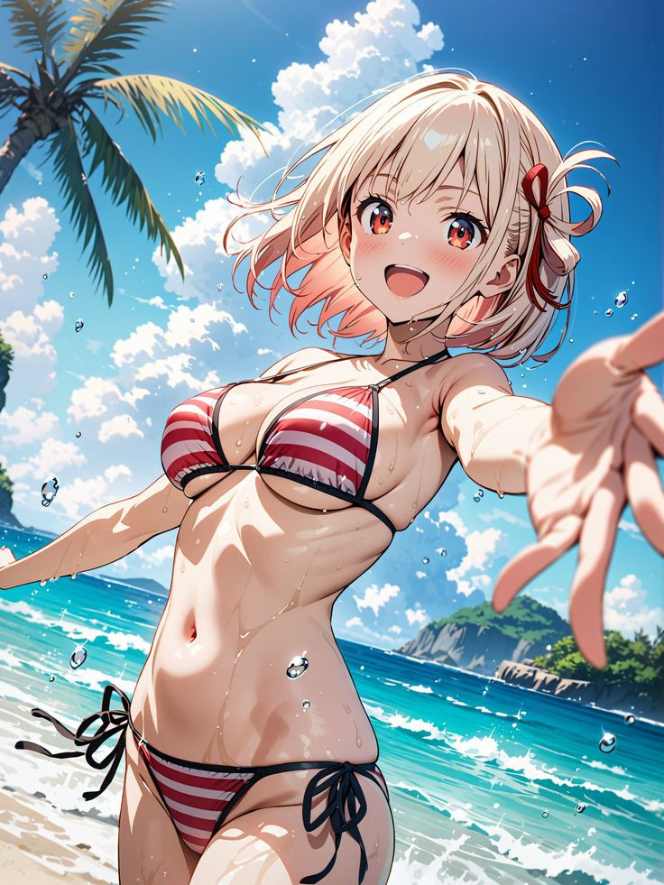 Ảnh anime cô gái mắt to long lanh bên bãi biển trong bikini