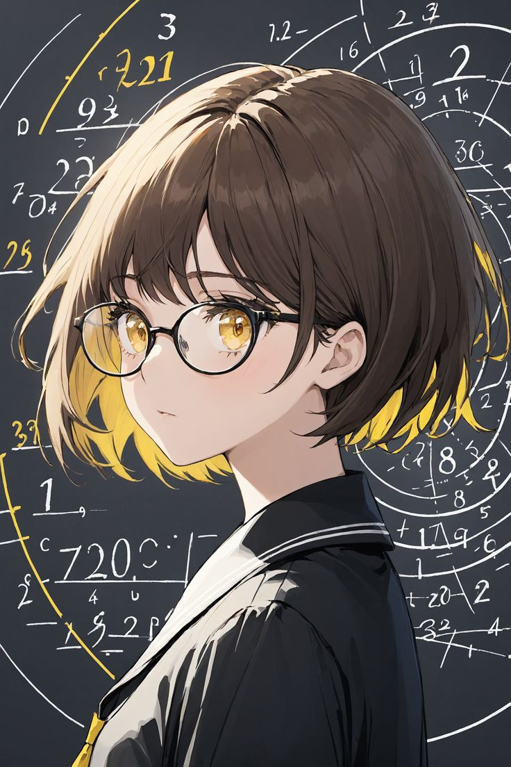 Ảnh anime đeo kính với background bảng đen lớp học