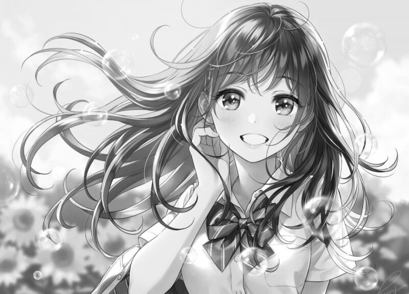 Tuyển Tập Ảnh Anime Đen Trắng Tuyệt Đẹp Ảnh anime girl đen trắng nữ sinh cười tươi