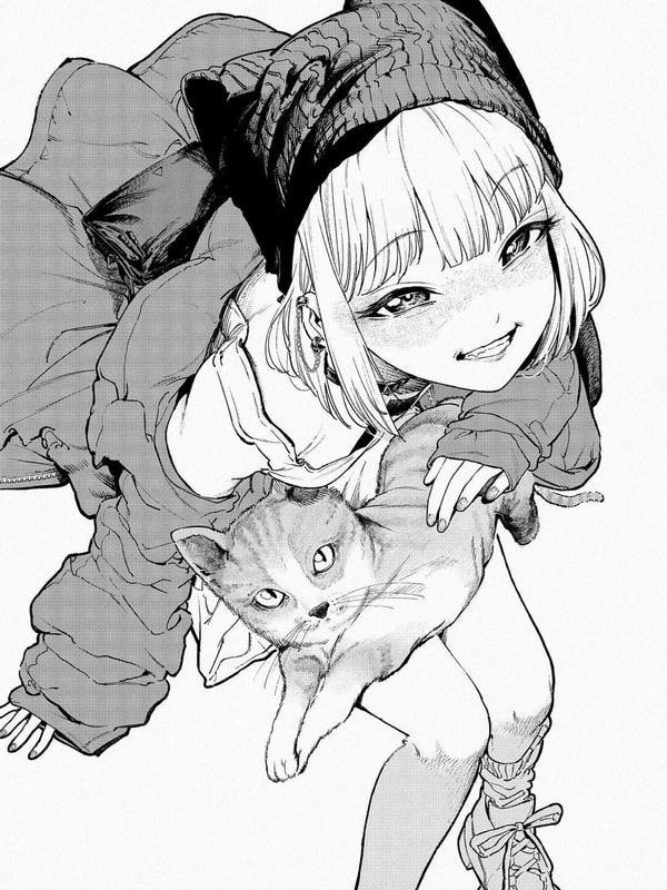 Ảnh anime nữ B&amp;W ngồi trên nền đơn giản