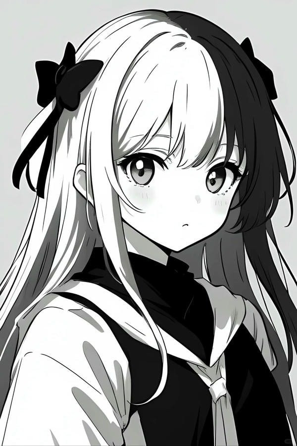 Ảnh anime nữ B&amp;W với biểu cảm ngạc nhiên