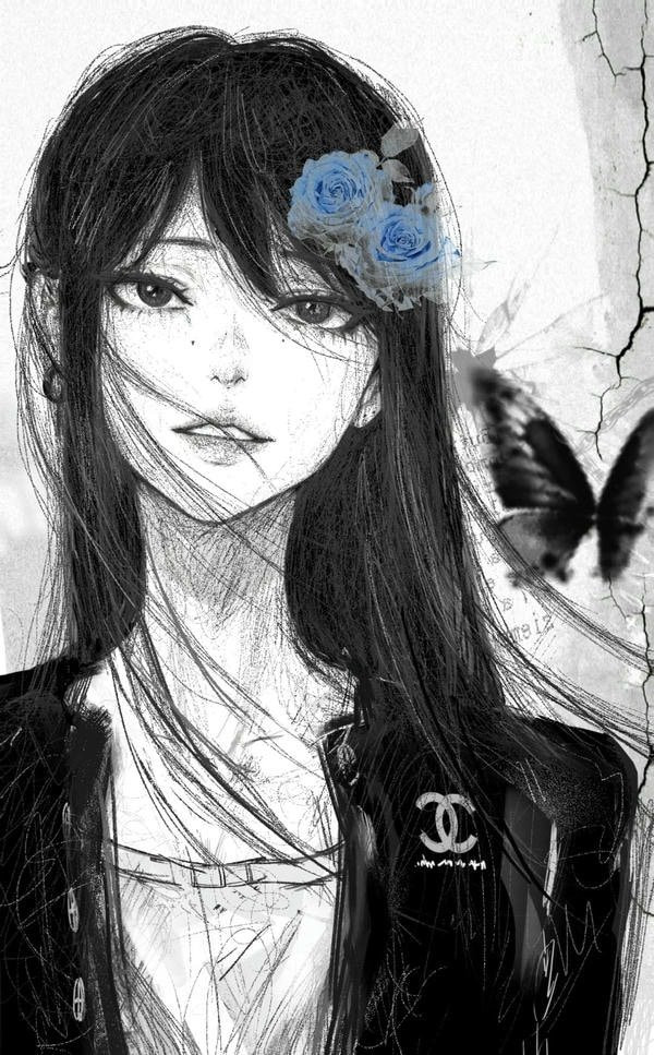 Ảnh anime nữ B&amp;W với chi tiết ánh sáng chiếu vào