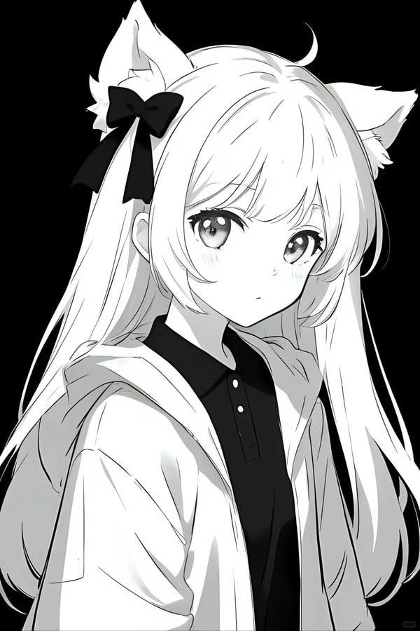 Ảnh anime nữ B&amp;W với chi tiết tai nghe