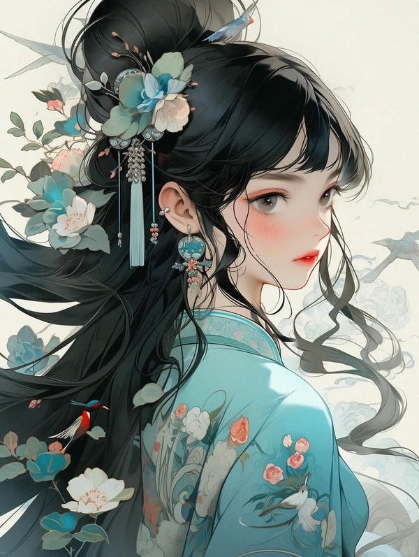 Ảnh anime nữ cổ trang trong trang phục màu xanh lá cây