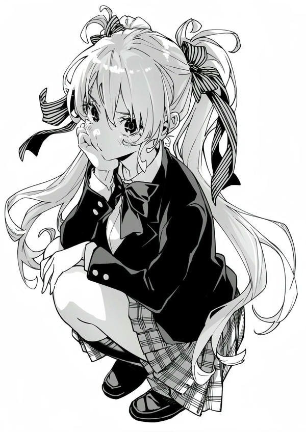 Ảnh anime nữ đơn sắc với góc nhìn từ trên xuống