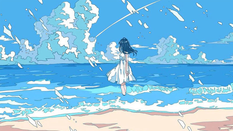 Ảnh anime phong cảnh núi non và bầu trời xanh