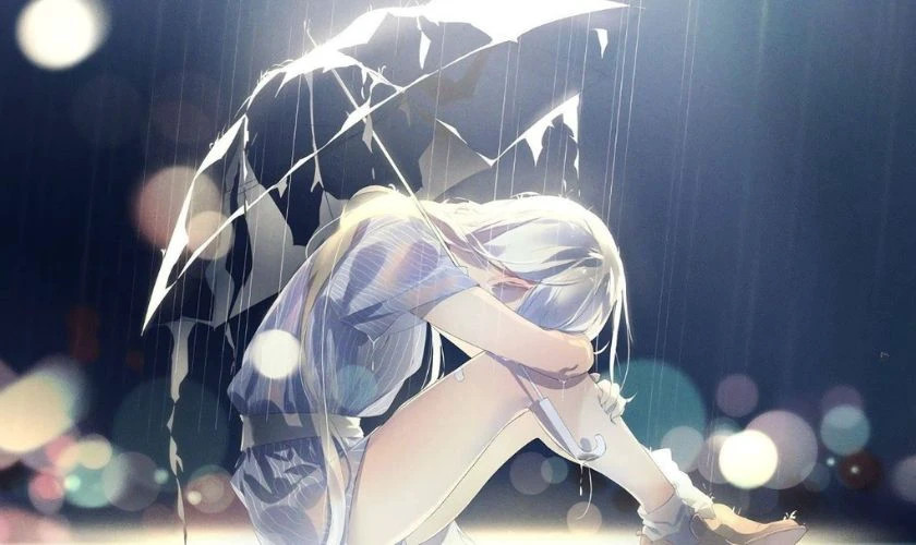 Ảnh avatar buồn, hình minh họa cô gái khóc dưới mưa