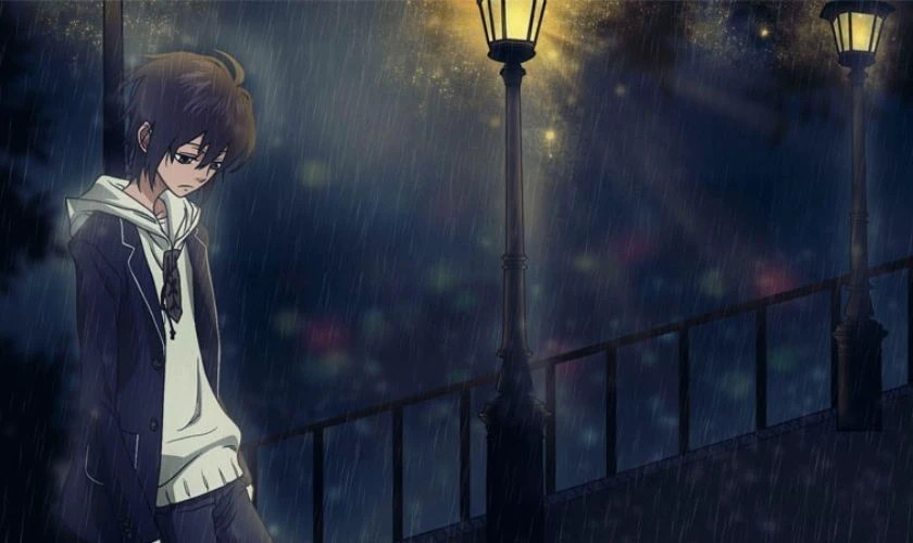 Ảnh buồn anime phong cách, nam sinh đứng dưới mưa với vẻ mặt u sầu