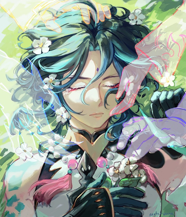 Ảnh cận mặt Xiao với đôi mắt vàng sắc lạnh