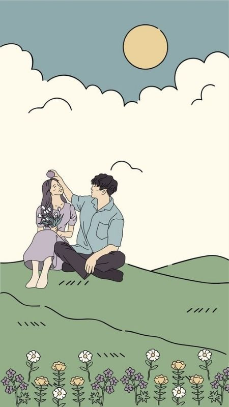 Ảnh cặp đôi chill cùng nhau trên cánh đồng hoa cùng hoàng hôn với nét vẽ đơn giản