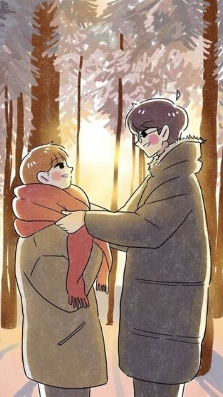 Ảnh cặp đôi với cử chỉ quàng khăn ấm áp