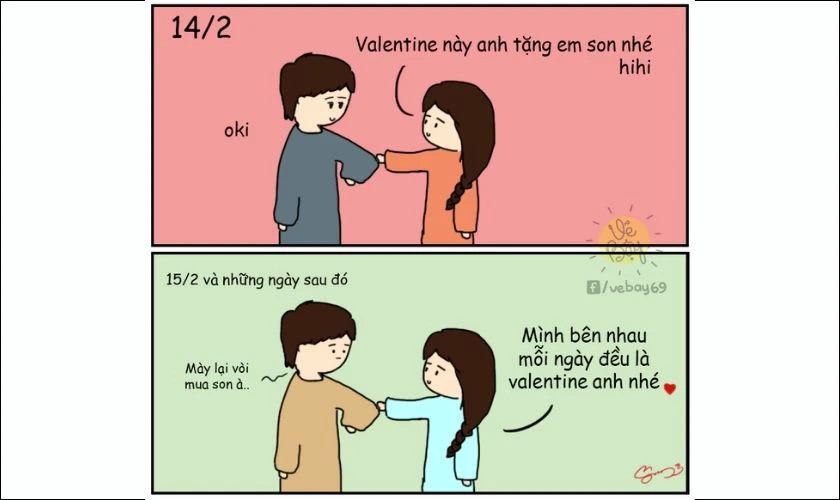 Ảnh chế Valentine hài hước mô tả tình huống của cặp đôi