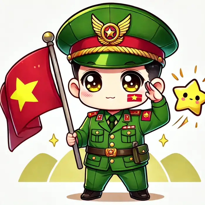Ảnh chibi chú bộ đội cầm cờ dễ thương